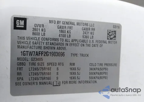 2016 GMC Savana 2500 Work Van z USA, uszkodzony, nr VIN 1GTW7AFF2G1903696